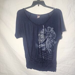 Vintage y2k navy blue floral whimsical elastic waistband top